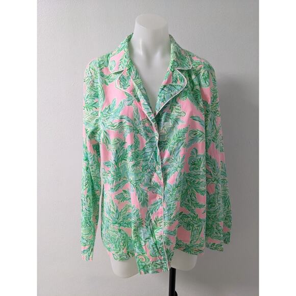 Lilly Pulitzer XL Button Up Pajama Top Green Pink Cotton Botanical Long Sleeves - Picture 2 of 13
